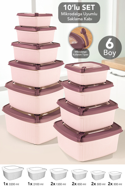 10-Piece Square Striped Microwave Lid Storage Container - Microwave Safe Organizer Food Container Pink