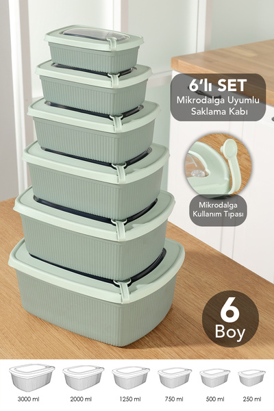 6-Piece Rectangular Striped Microwaveable Lid Storage Container - Microwave Safe Organizer Food Container Green