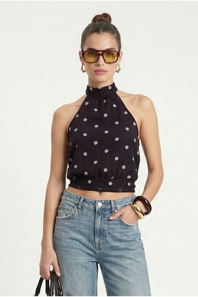 Women's Judy Halter Neck Blouse with Elastic Back, Polka Dot Woven, Bitter Brown