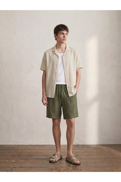 Basic Linen Green Shorts with Elastic Waistband