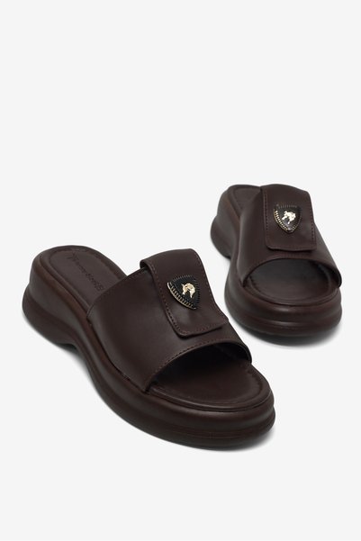 Women's Brown Comfortable Fit Slippers with Logo Detail