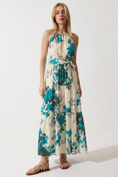 Patterned Belted Summer Viscose Dress Lzv0063 Ecru Green