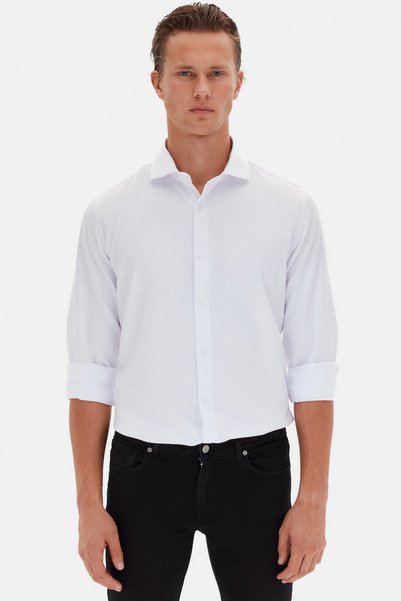 Ds Damat Slim Fit White Italian Collar Textured Long Sleeve Easy-Iron Breathable Four-Season