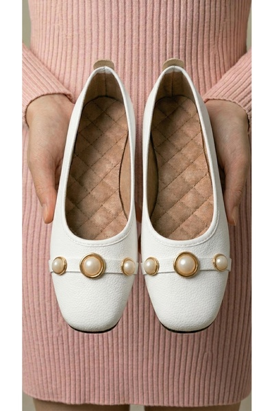Women's White Pearl Detailed Leather Ballerinas 1cm Byndvb03