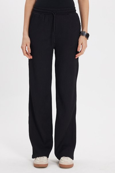 Women's Relax Fit Comfortable Cut Waist Lace-Up Jacquard Elastic Black Palazzo Trousers