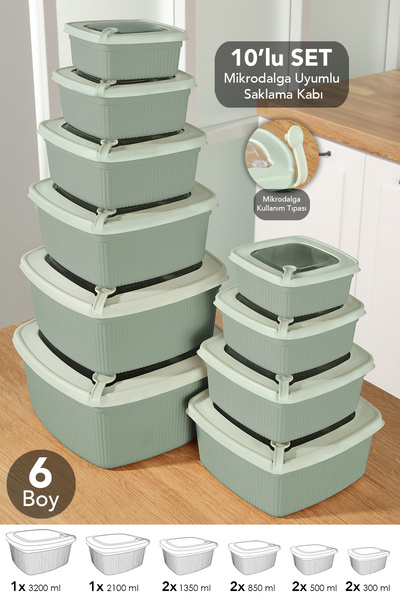 10-Piece Square Striped Microwave Lid Storage Container - Microwave Safe Organizer Food Container Green