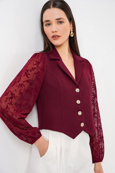 Women's Patterned Short Jacket 0751 - Claret Red