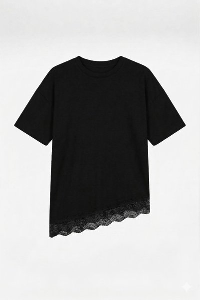 Women's Cotton Relaxed Round Neck Lace Detailed Asymmetrical T-Shirt Black