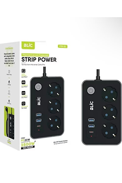FTR-02 продолжен кабел со 3 приклучоци и заштита од пренапон - 2 USB + 1 Type-C за брзо полнење 2500W