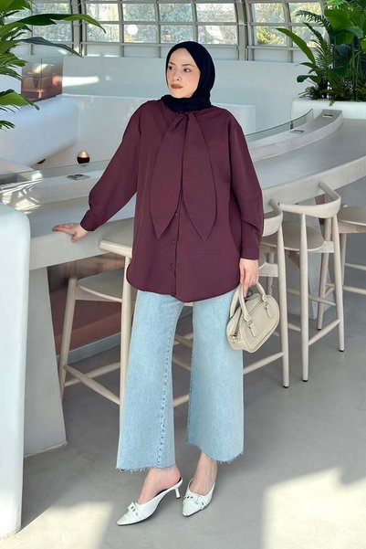 Scarf Detailed Shirt in Plum Color