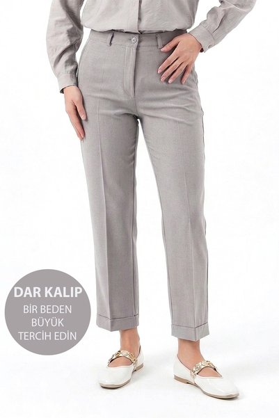 Plus Size Women's Slit Detail Ankle Length Fabric Trousers 07 Light Gray