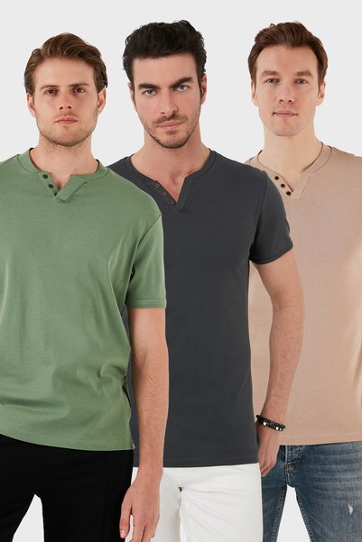 Cotton Button Detailed Regular Fit V-Neck 3-Pack t Shirt Men's t Shirt 5902122S3