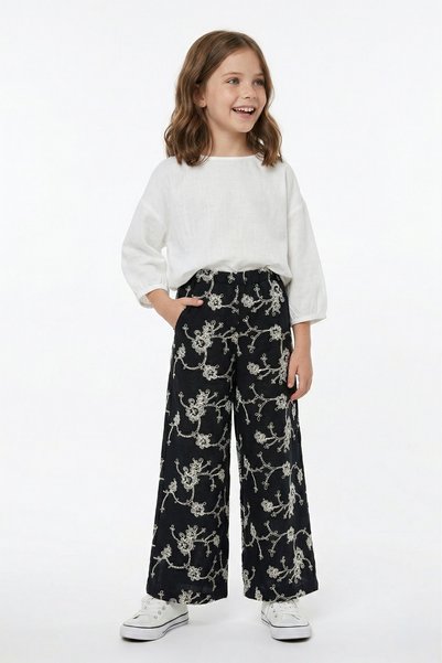 Floral Embroidered Linen Look Girls' Trousers