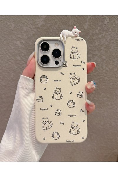 iPhone 16 Pro 3D Sleeping Cat Figurine Happy Cat Patterned Silicone Phone Case