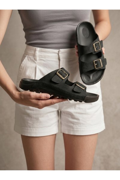 Unisex Black Double Buckle Slippers Byndegec01