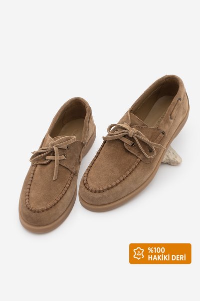 Women's Genuine Leather Lace-Up Loafer Casual Shoes with Rope Detail Mistor Tan Suede