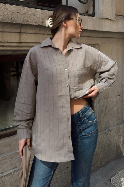 Mink Striped A-Pile Single Pocket Relaxed Fit Women's Shirt