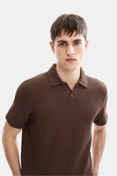 Brown Regular Fit Knitted Polo Neck T-Shirt