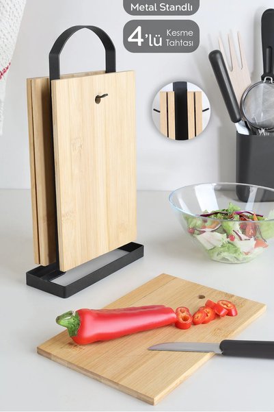 4-Piece Bamboo Cutting Board with Metal Stand - Rectangular Chopping Board Cutting Board Presentation Board
