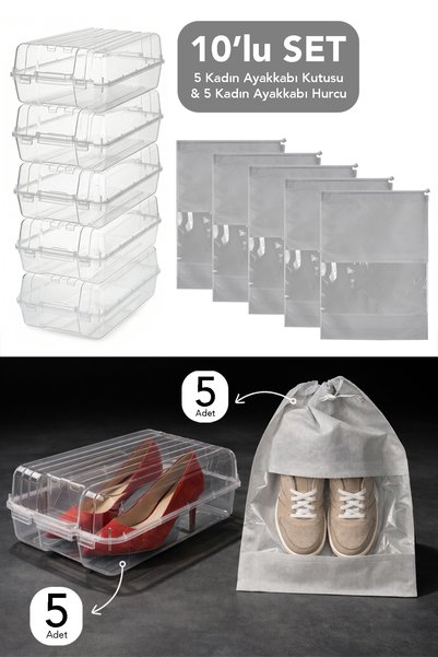 Set of 10 - 5 Women's Shoe Boxes and 5 Shoe Storage Bags Organizer