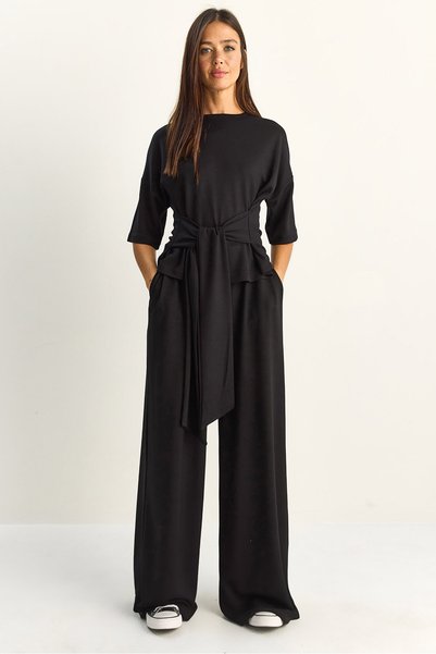 Women's Black Belted Basic T-Shirt Wide Leg Pants Bottom-Top Modal Set 4114 60286087