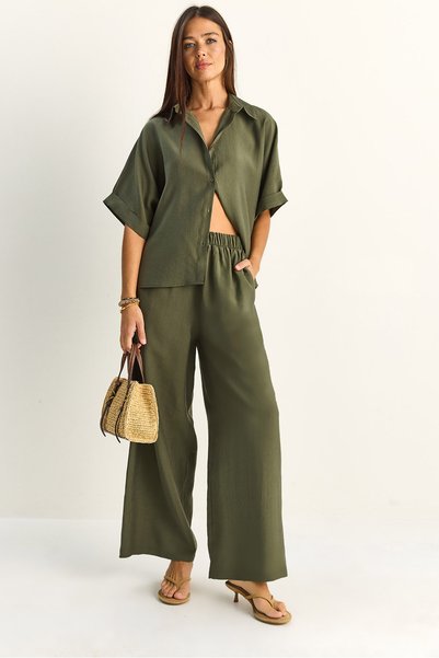 Women's Khaki Oversize Short Sleeve Shirt Elastic Waist Wide Leg Pants Set 7651 60286138