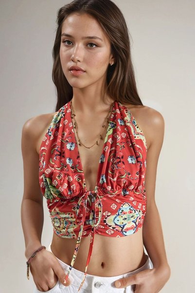 Patterned Crop Top with Ruched Detail