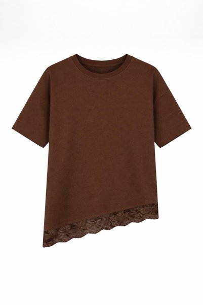 Women's Cotton Relaxed Round Neck Lace Detailed Asymmetrical T-Shirt Brown