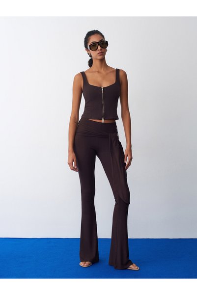 71957 Knitted Trousers with Tie Detail - Dark Brown