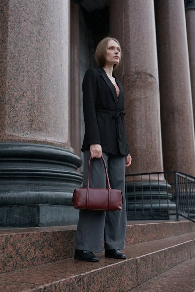 Women's Black Oversize Jacket with Drawstring Waist and Tie Arm-26Y001082