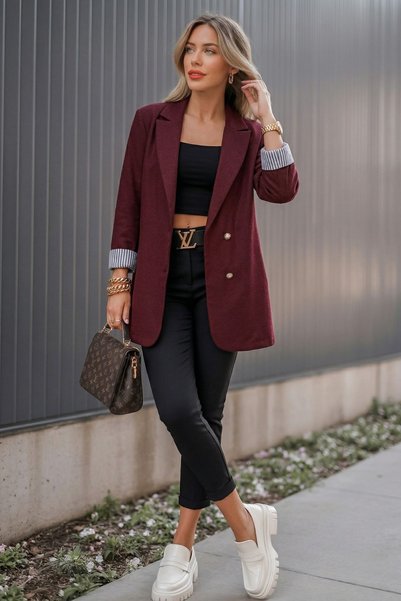 Women's Burgundy Double-Breasted Collar Sleeve Fold Detailed Oversize Padded Blazer Jacket Arm-25K001015