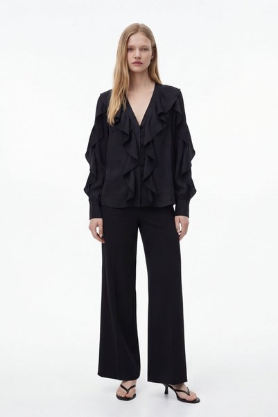 V-Neck Ruffled Transparent Shirt Black