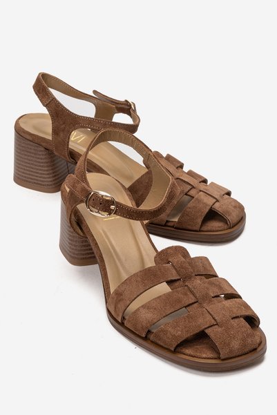 Evora Earth Suede Genuine Leather Women's Thick Heeled Sandals