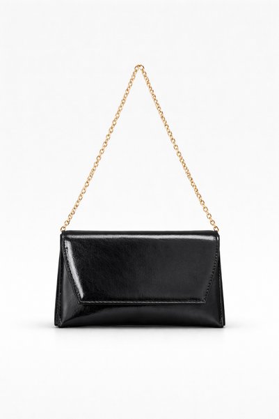 Black Bag with Leather Look Chain Strap for Women - Stylish Portfolio Clutch