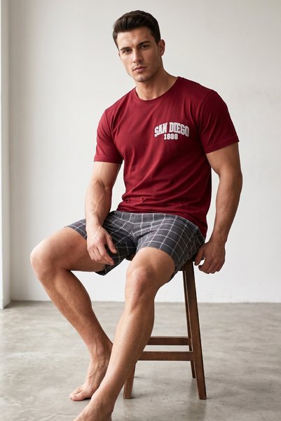 Burgundy Smoked Plaid Patterned Printed Knitted Short Sleeve Shorts Pajama Set 8005