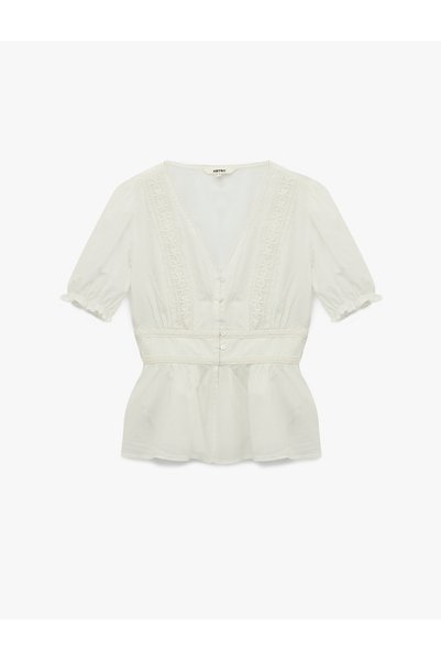 Cotton Slim Fit V-Neck Ruched Short Balloon Sleeve Blouse