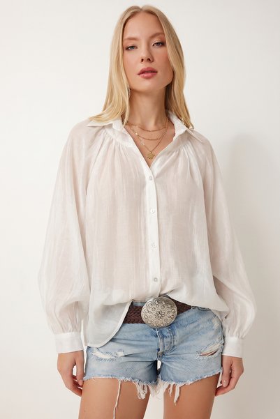 Balloon Sleeve Transparent Oversize Shirt Lyy0141 White