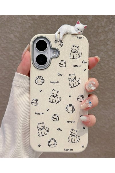 iPhone 17 3D Happy Cat Pattern Silicone Phone Case with Sleeping Cat Figure