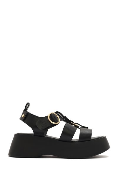 Women's Black Ankle Strap Thick Sole Genuine Leather Sandals 25Sfd153018