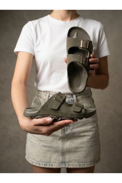 Unisex Khaki Double Buckle Slippers BYNDEGEC01