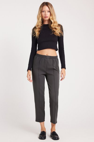 Women's Relax Fit Comfortable Cut High Waist Straight Leg Elastic Waistband Anthracite Trousers