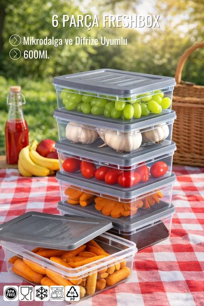 Set of 6 Freshbox Storage Containers Suitable for Microwave and Refrigerator Set 3 - X6 0.6 Lt Gray