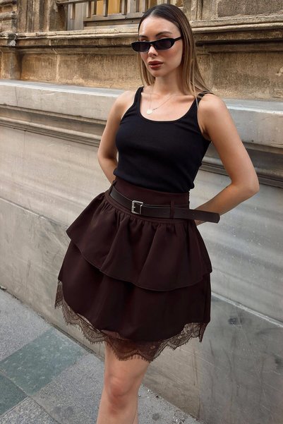 Brown Belted Lace Detail Layered Cut Women's Mini Skirt