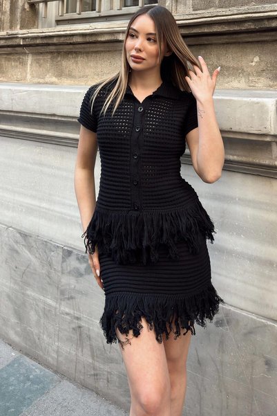 Black Tassel Detail Polo Collar Cardigan-Skirt Openwork Women's Knitwear Top and Bottom Set