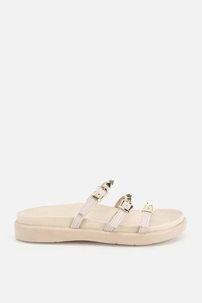 Woman's beige gold Buckled striped thick sole Slipper
