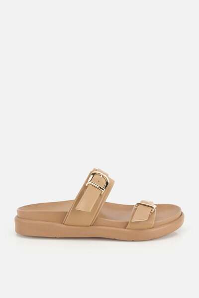 Women's Nude Gold Buckled Strips Thick Sole Slipper