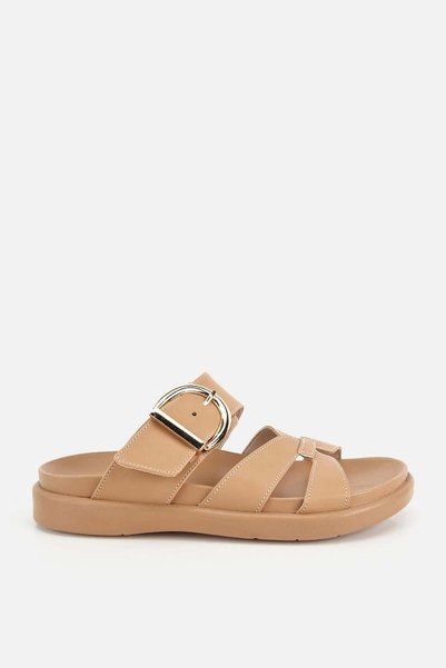 Women's Nude Buckled Cross-Strapped Thick Sole Slipper