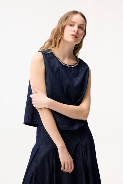 Denim Stone Detailed Sleeveless Blouse