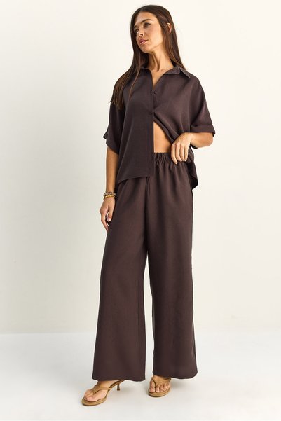 Women's Bitter Coffee Oversize Short Sleeve Shirt Elastic Waist Wide Leg Pants Set 7651 60286138