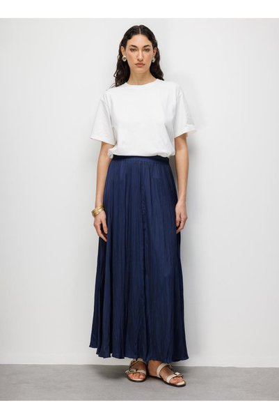 Elastic Waist Navy Blue Women's Long Skirt M2Mz1010110120